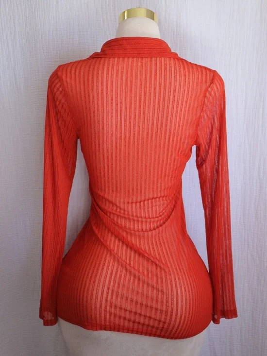 Women's Sheer Button-Front Collared Top in Bright Orange - Picture 2 of 5